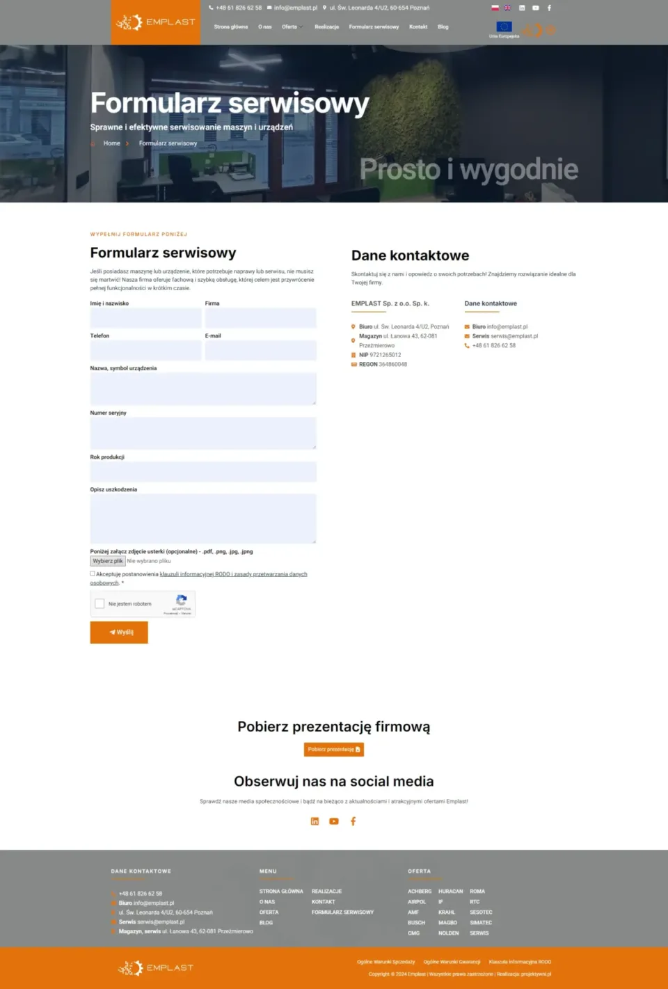 Emplast - strona internetowa: Formularz serwisowy