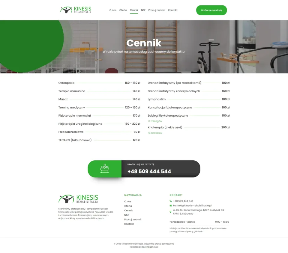 Kinesis Rehabilitacja - strona internetowa: Cennik
