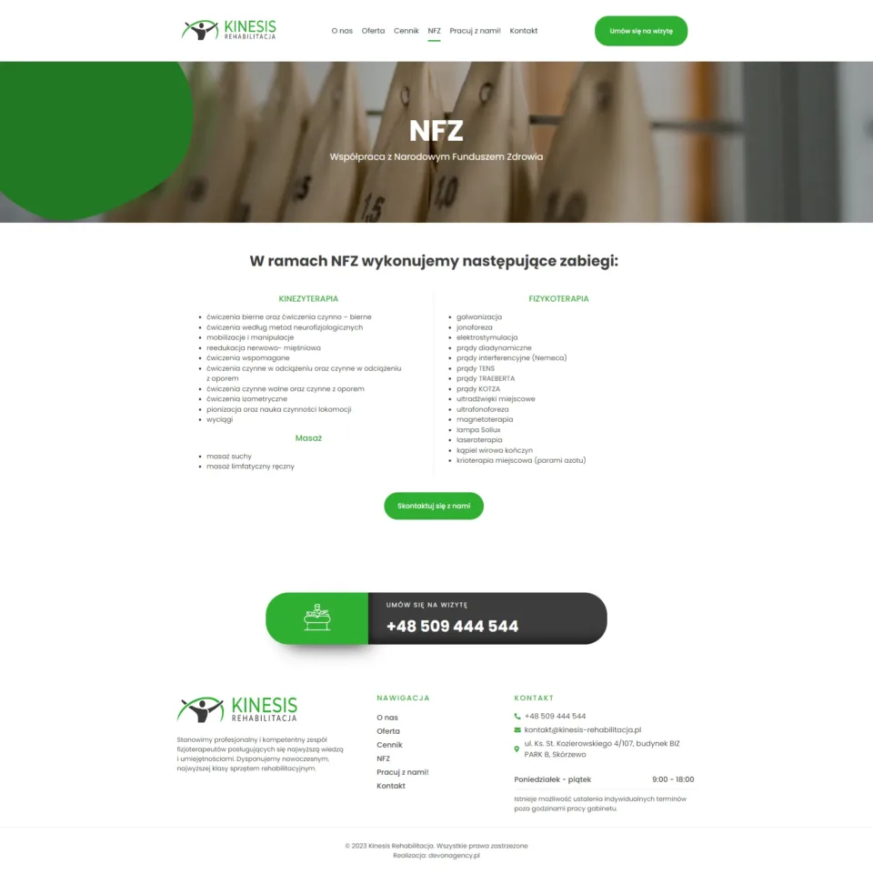 Kinesis Rehabilitacja - strona internetowa: NFZ