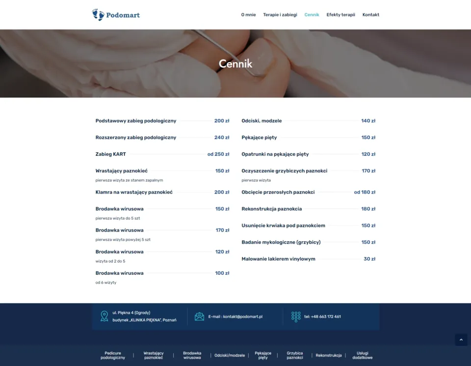 Podomart - strona internetowa: Cennik zabiegów w gabinecie