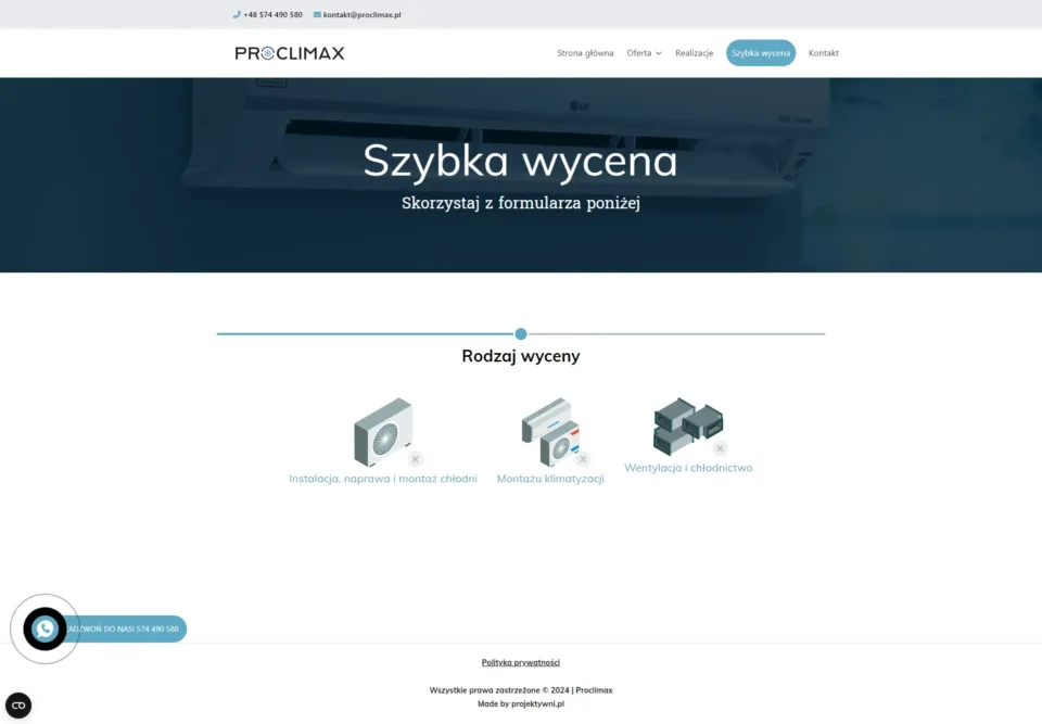Proclimax - strona internetowa: Szybka wycena