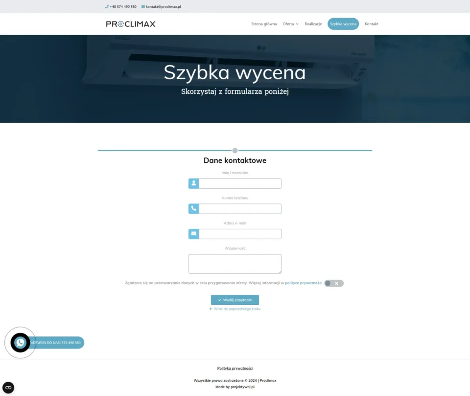 Proclimax - strona internetowa: Szybka wycena