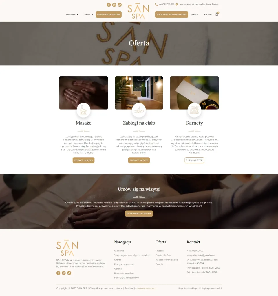 SĀN SPA - strona internetowa: Oferta