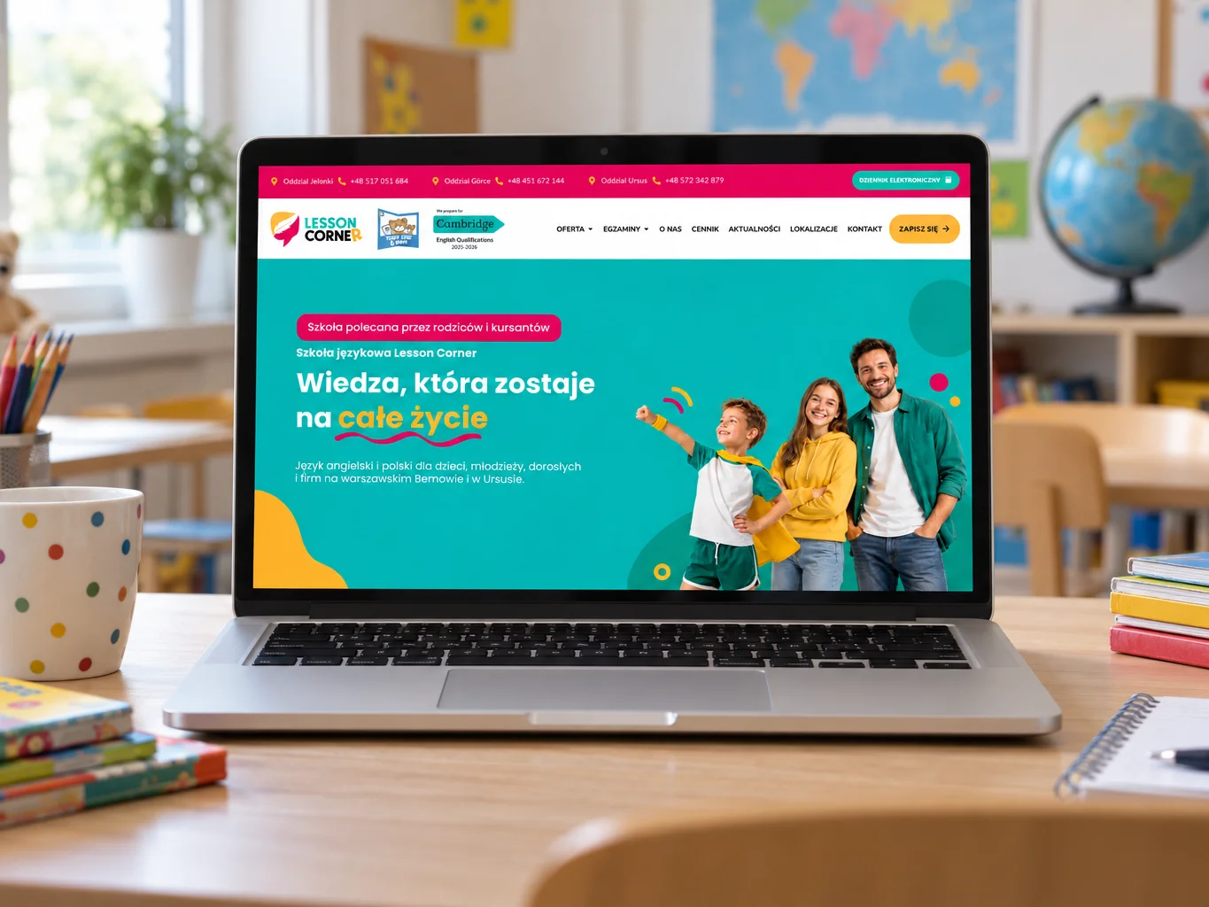 Strona lesson corner na laptopie
