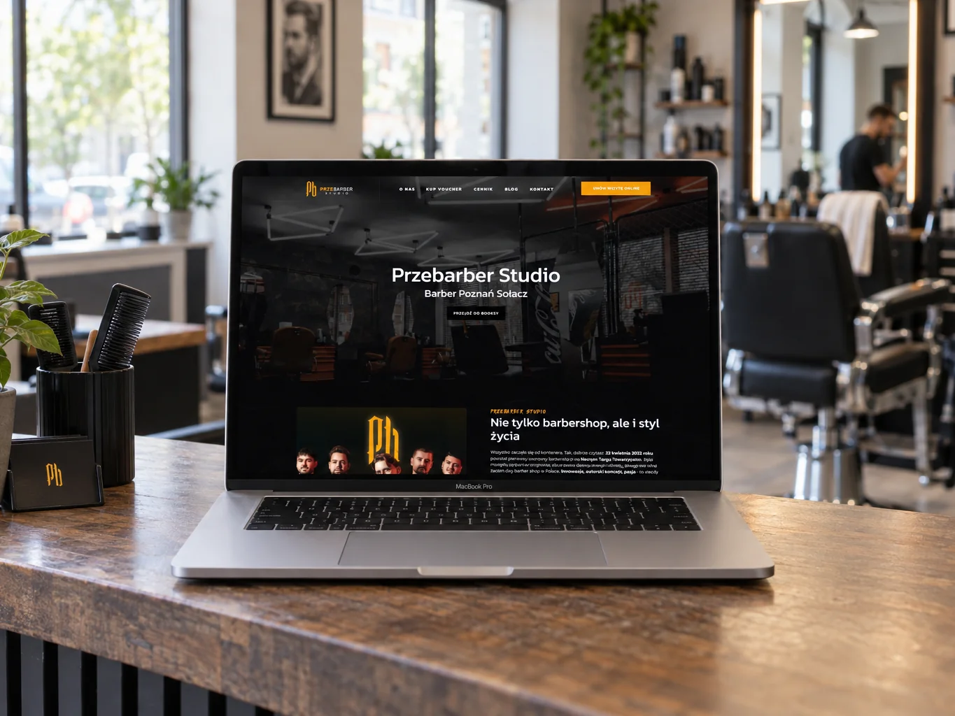 Przebarber Studio - mockup strony internetowej na laptopie