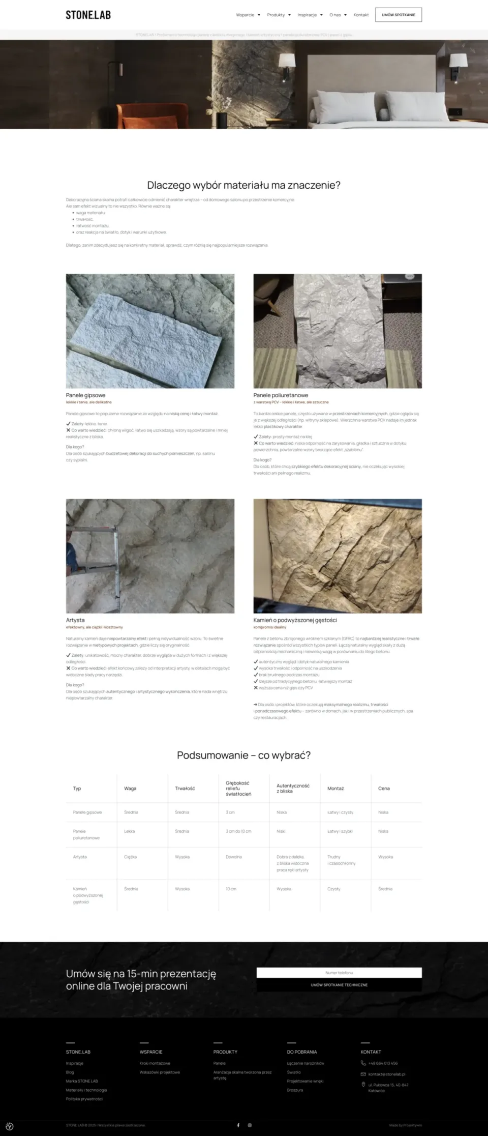 STONE.LAB - strona internetowa: Porównanie technologii panele z betonu zbrojonego | kamień artystyczny | panele poliuretanowe PCV | panel z gipsu